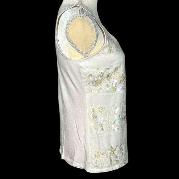 EXPRESS Women’s Tank Top Ivory Size SP Lace Sequins Striped Sleeveless Summer - Picture 7 of 13